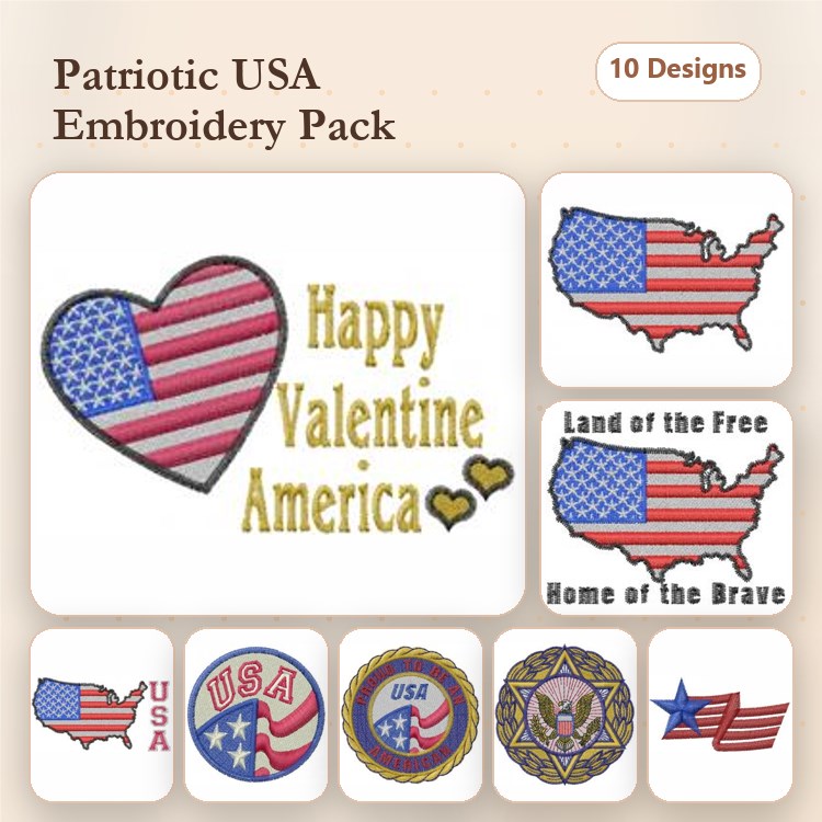 Patriotic USA Embroidery Designs Bundle – Heart with Flag, USA Map, Eagle Emblem & More (10 Designs)