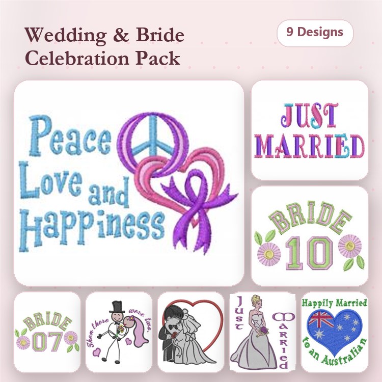 Wedding and Bride Celebration Embroidery Bundle – Peace Love and Happiness, Just Married, Bride Character & More (9 Designs)