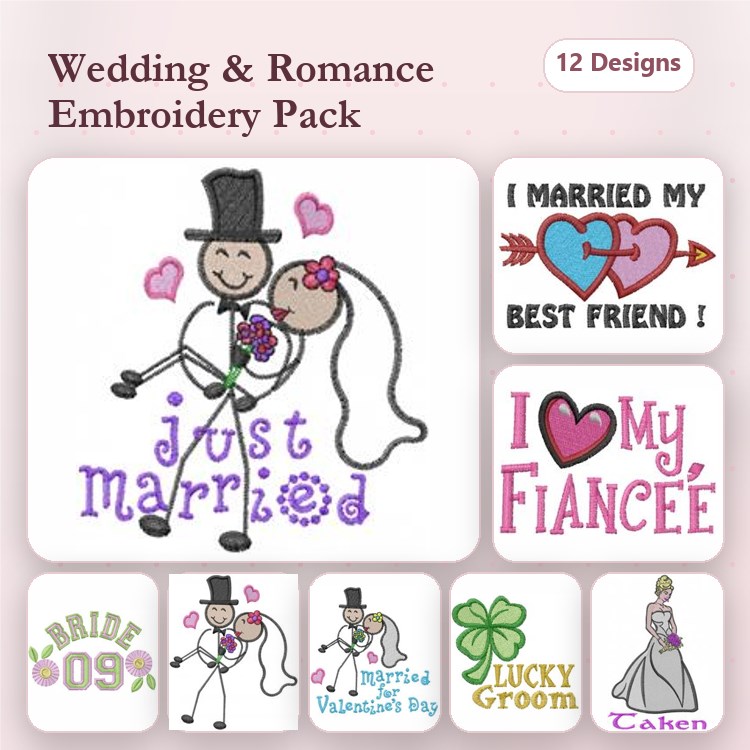 Wedding and Romance Embroidery Designs Bundle – Just Married, I Married My Best Friend, Lucky Groom & More (12 Designs)