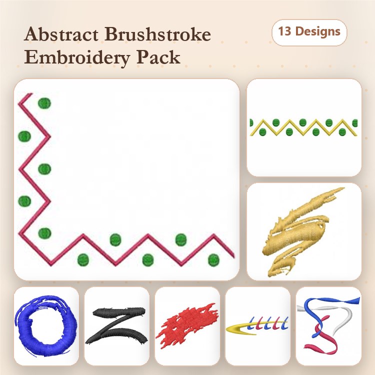 Abstract Brushstroke Embroidery Designs Bundle – Zigzag, Curvy Line, Spiral & More (13 Designs)