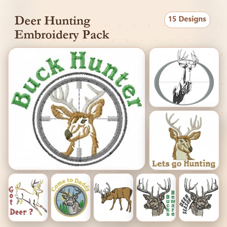 Deer Hunting Embroidery Designs Bundle – Buck Hunter, Deer with Scope, Hunting Scene & More (15 Designs)