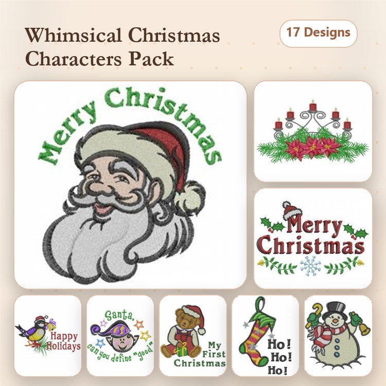 Santa Claus & Christmas Characters Embroidery Designs Bundle – Merry Christmas, Gus the Snowman, & More (17 Designs)