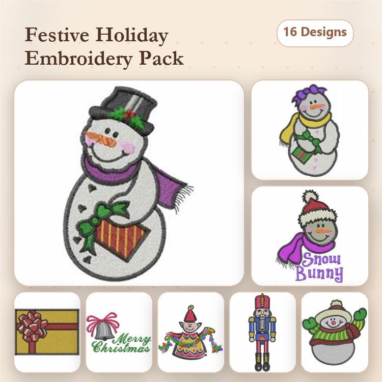 Festive Holiday Embroidery Designs Bundle – Snowman with Heart, Snow Bunny, Holiday Gift Box & More (16 Designs)