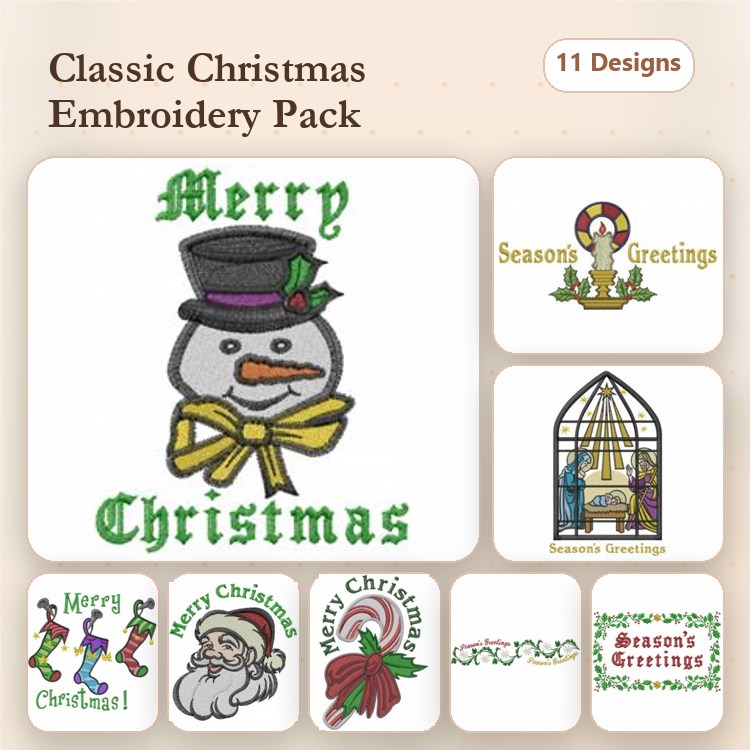 Classic Christmas Embroidery Designs Bundle – Merry Christmas Snowman, Santa Claus, Christmas Tree & More (11 Designs)