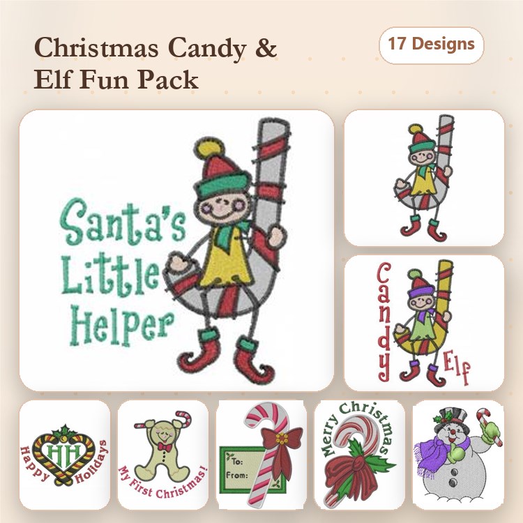 Christmas Candy & Elf Embroidery Designs Bundle – Santa's Little Helper, Candy Elf, Merry Christmas Ornament & More (17 Designs)