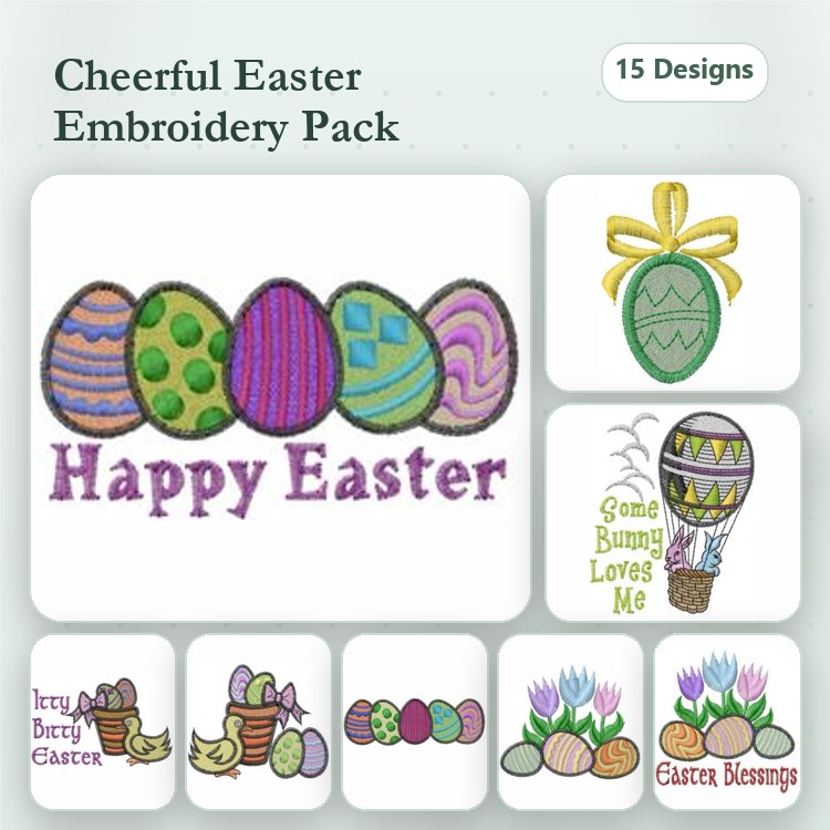 Easter Bunny & Eggs Embroidery Designs Bundle – Decorative Easter Eggs, Happy Easter Text, Easter Basket & More (15 Designs)