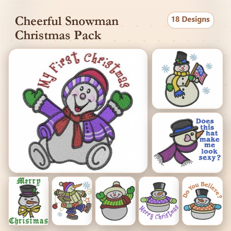 Cheerful Snowman Embroidery Designs Bundle – My First Christmas Snowman, Snowman with Hat, & More (18 Designs)