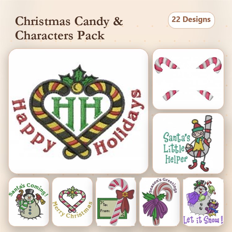 Christmas Characters & Candy Embroidery Designs Bundle – Happy Holidays Heart, Santa's Little Helper, & More (22 Designs)
