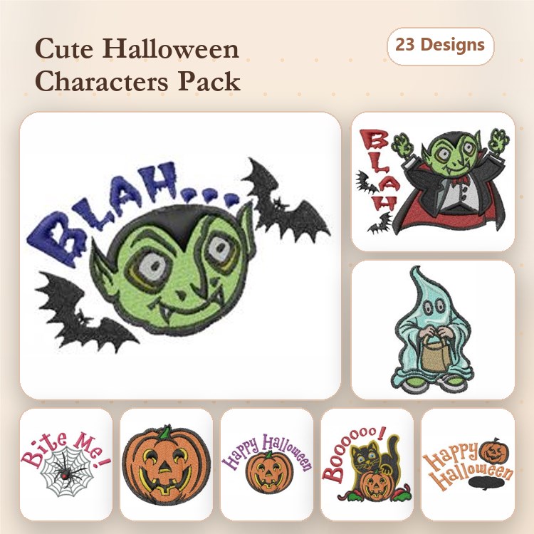 Cute Halloween Characters Embroidery Designs Bundle – Vampire Face, Ghost with Candy, Pumpkin & More (23 Designs)