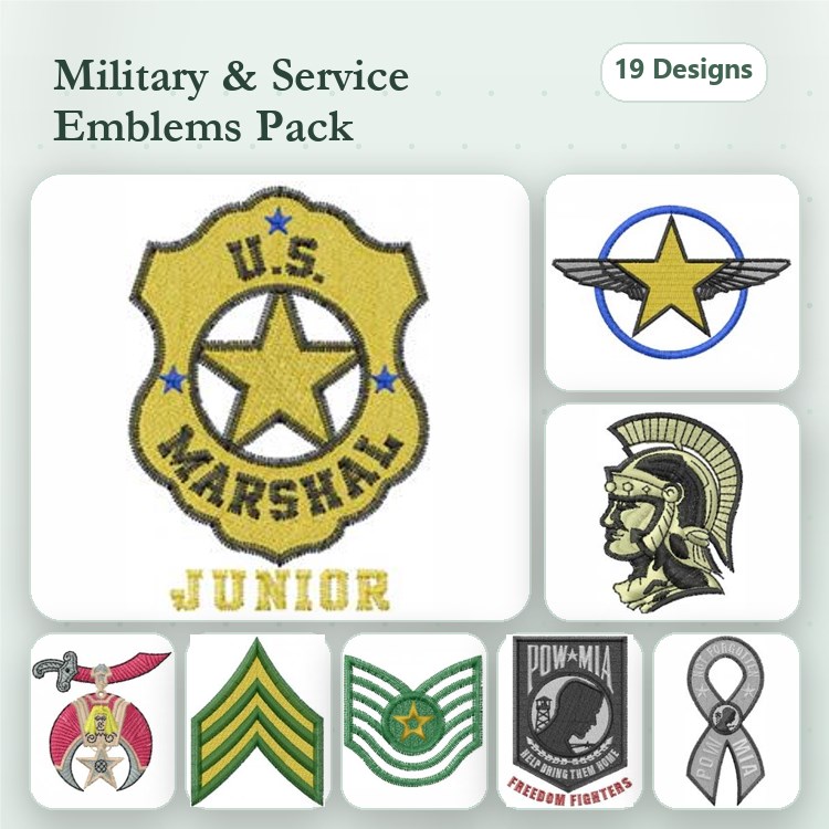 Military and Service Emblems Embroidery Bundle – U.S. Marshal Badge, Military Star Emblem, Roman Soldier & More (19 Designs)