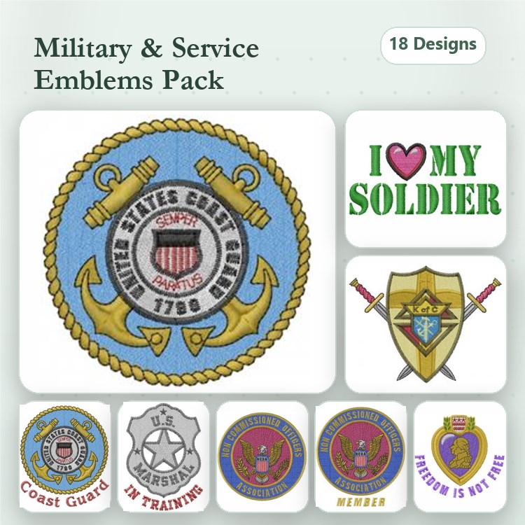 Military Emblems Embroidery Designs Bundle – United States Coast Guard, U.S. Military, Army, Navy & More (18 Designs)