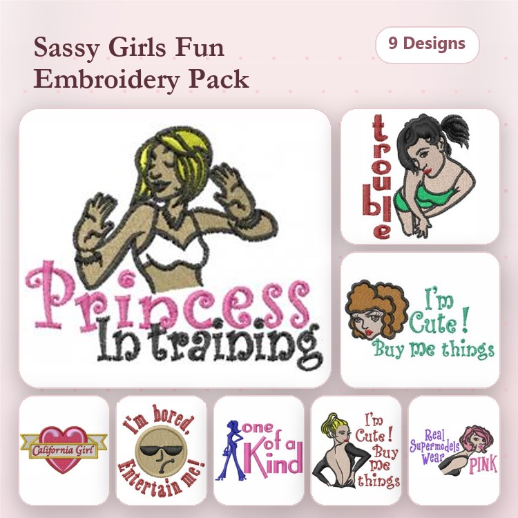 Sassy Girls Embroidery Designs Bundle – Princess In Training, I'm Cute! Buy Me Things, & More (9 Designs)
