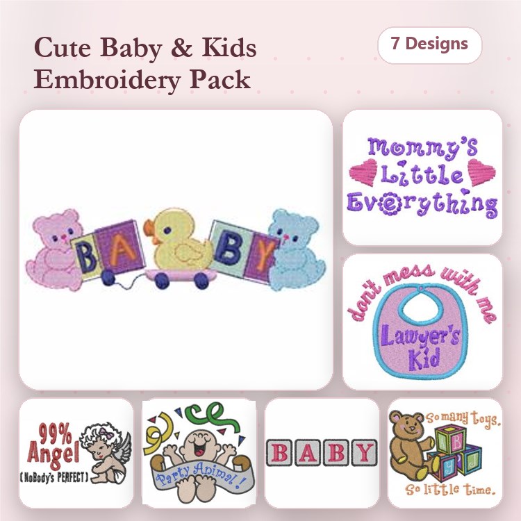 Baby and Kids Themes Embroidery Designs Bundle – Teddy Bear, Rubber Duck, Silly Time & More (7 Designs)