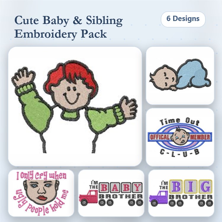 Cute Baby & Sibling Embroidery Designs Bundle – Happy Baby with Red Hair, Sleeping Baby, Time Out Club Badge & More (6 Designs)