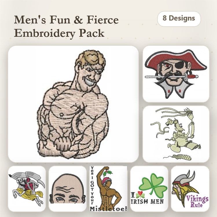 Men's Fun & Fierce Embroidery Designs Bundle – Muscle Man, Pirate Captain, Dragon & More (8 Designs)