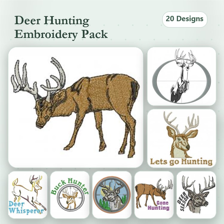 Deer Hunting Embroidery Designs Bundle – Buck Hunter, Deer Whisperer, Lets go Hunting & More (20 Designs)