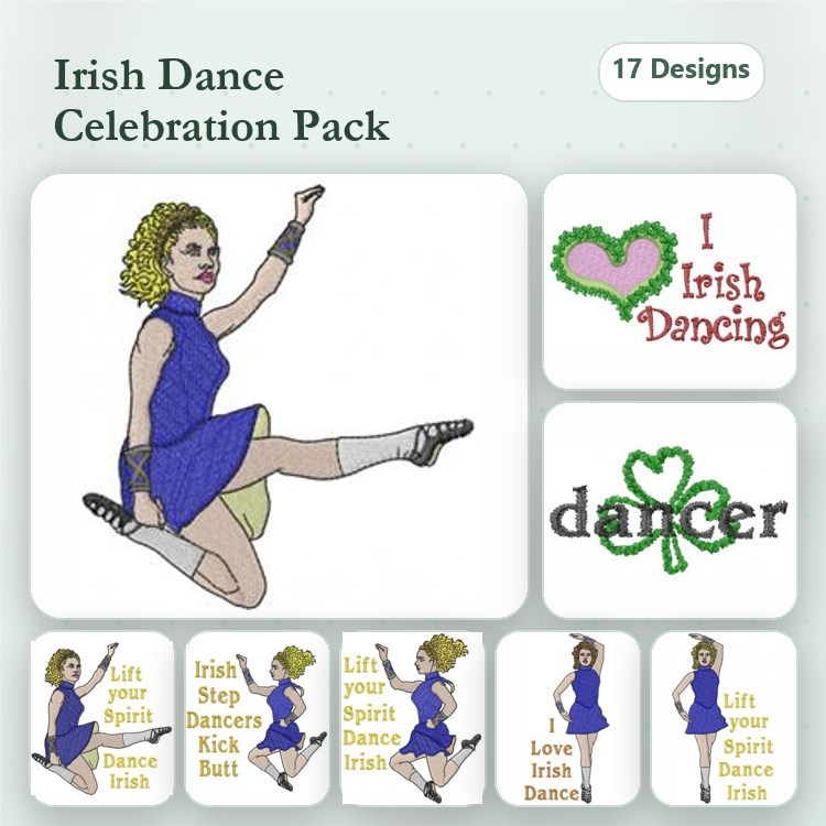 Irish Dance Celebration Embroidery Designs Bundle – Irish Dancer with Sword, Love Irish Dance, & More (17 Designs)