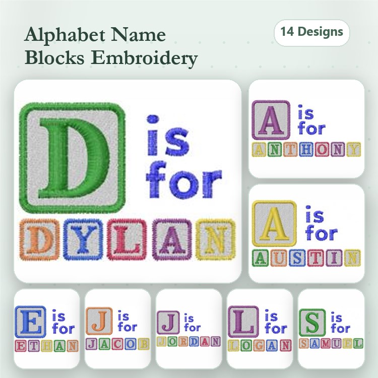 Alphabet Name Blocks Embroidery Designs Bundle – D is for DYLAN, A is for ANTHONY, E is for ELIZABETH & More (14 Designs)