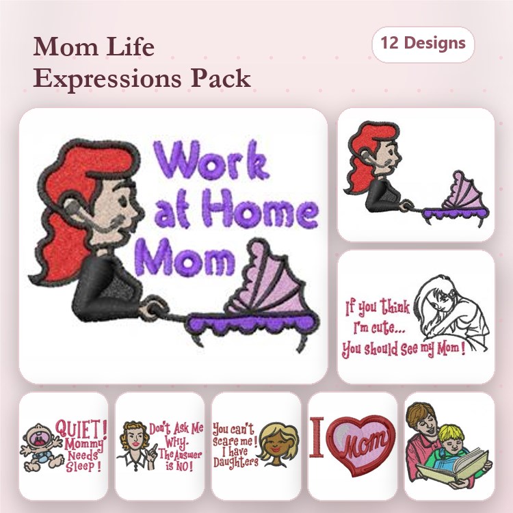 Motherhood Expressions Embroidery Designs Bundle – Work at Home Mom, Quiet! Mom's at Work, & More (12 Designs)