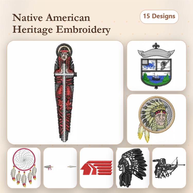 Native American Heritage Embroidery Designs Bundle – Red Cross, Dreamcatcher, Shield & More (15 Designs)