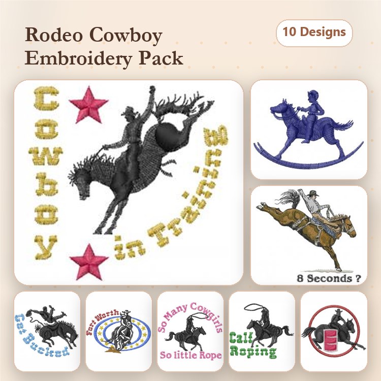 Rodeo Cowboy Embroidery Designs Bundle – Rodeo Action, Cowboy in Training, Catch the Calf & More (10 Designs)