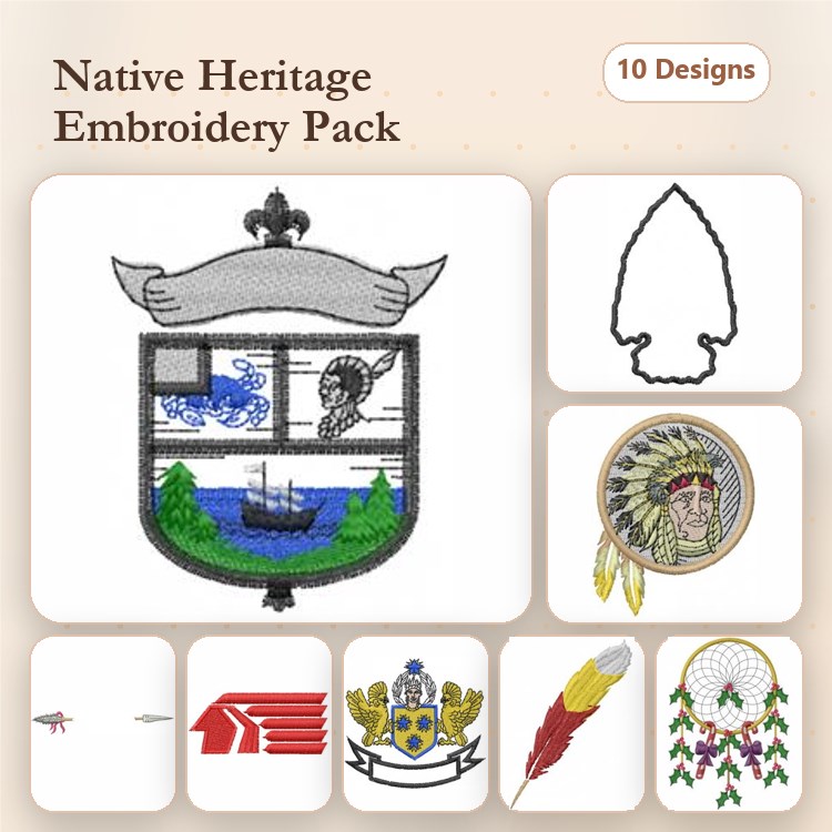 Native Heritage Embroidery Designs Bundle – Heraldic Shield, Chief, Feather & More (10 Designs)