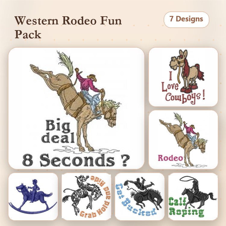 Western Rodeo Embroidery Designs Bundle – Rodeo Cowboy, Big Deal 8 Seconds, I Love Cowboys & More (7 Designs)