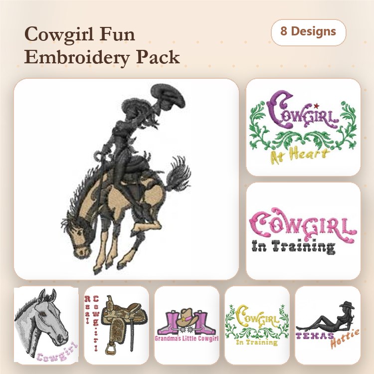 Cowgirl Embroidery Designs Bundle – Cowgirl at Heart, Cowgirl with Lasso, Riding Cowgirl & More (8 Designs)