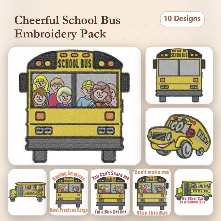 Cheerful School Bus Embroidery Bundle – Full Bus of Children, School Bus Back View, Funny Phrases & More (10 Designs)