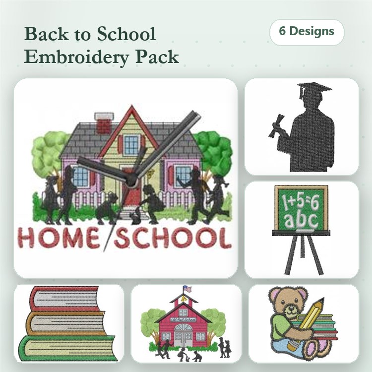 Back to School Embroidery Designs Bundle – Schoolhouse with Clock, Graduation Bear, Home School Sign & More (6 Designs)