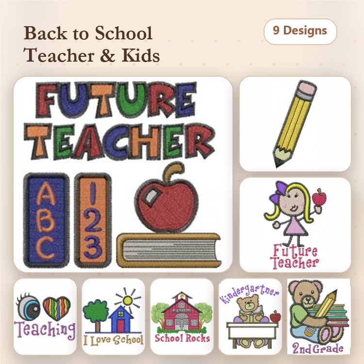 Back to School Embroidery Bundle – Future Teacher, ABC 123, Apple, Pencil & More (9 Designs)