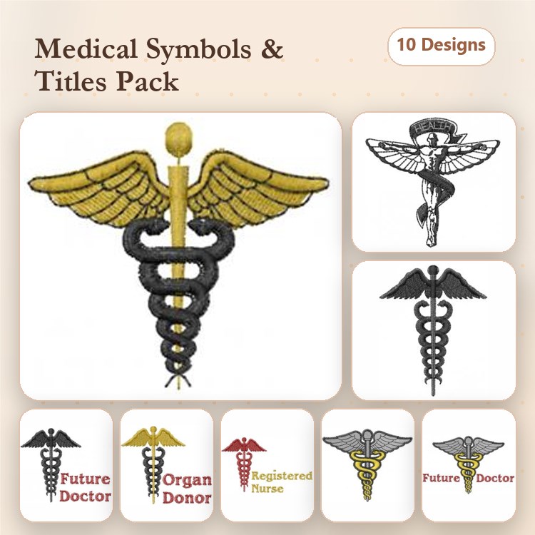 Medical Symbols & Titles Embroidery Designs Bundle – Caduceus Symbol, Future Doctor, Organ Donor & More (10 Designs)