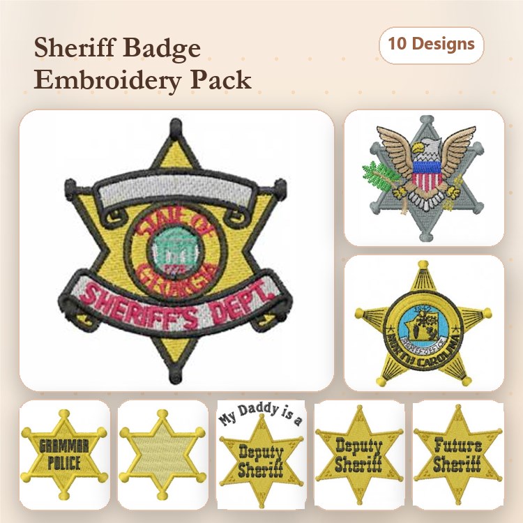 Sheriff Badge Embroidery Designs Bundle – Sheriff, Deputy Sheriff, Badge with Eagle & More (10 Designs)