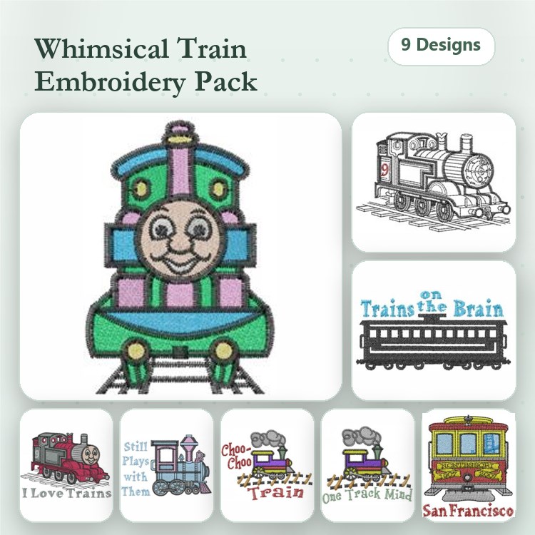 Train-Themed Embroidery Designs Bundle – Whimsical Train, Vintage Steam Engine, Choo Choo Train & More (9 Designs)