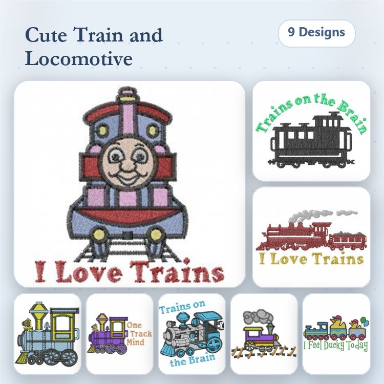 Cute Train Embroidery Designs Bundle – Happy Train, Steam Locomotive, Colorful Train & More (9 Designs)