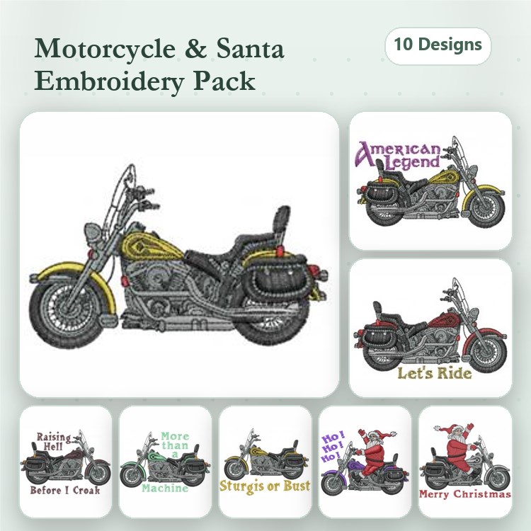Motorcycle & Santa Embroidery Designs Bundle – Biker Santa, Merry Christmas, Santa with Motorcycle & More (10 Designs)