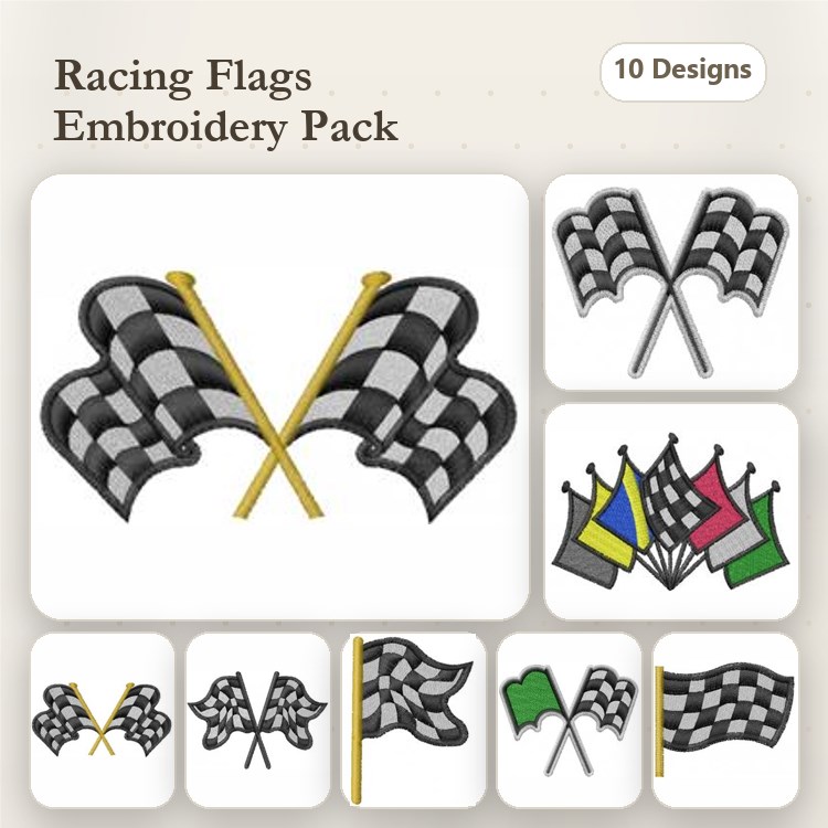 Racing Flags Embroidery Designs Bundle – Checkered Flags, Colorful Racing Flags, Crossed Flags & More (10 Designs)