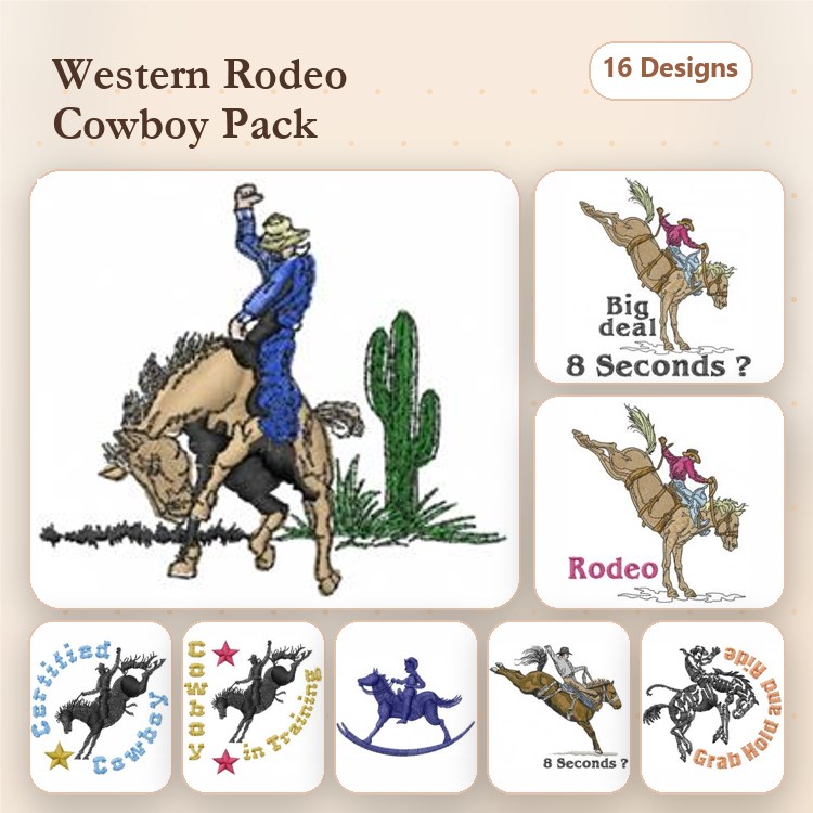 Western Rodeo Embroidery Designs Bundle – Rodeo Cowboy, Bucking Bronco, Cactus & More (16 Designs)