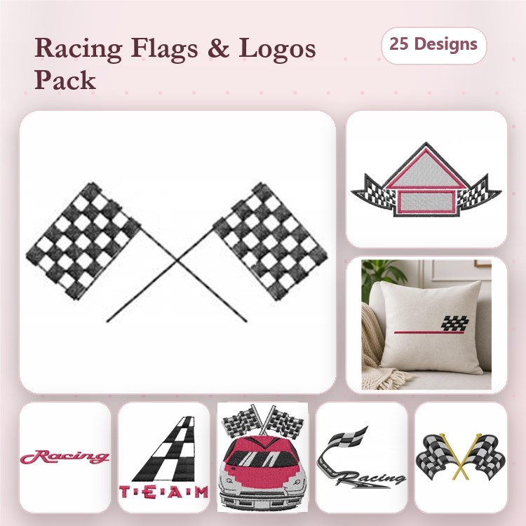 Racing Flags and Logos Embroidery Designs Bundle – Checkered Flags, Race Car, Racing Theme Text & More (25 Designs)