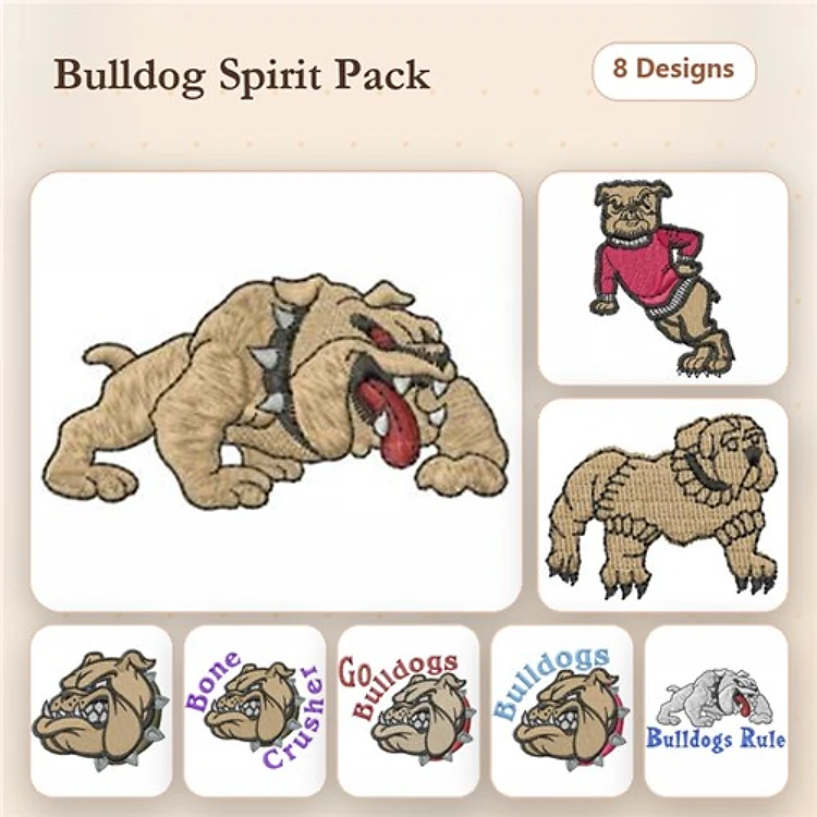 Bulldog Mascot Dogs Embroidery Designs Bundle – Go Bulldogs, Bulldogs Rule & More (8 Designs)
