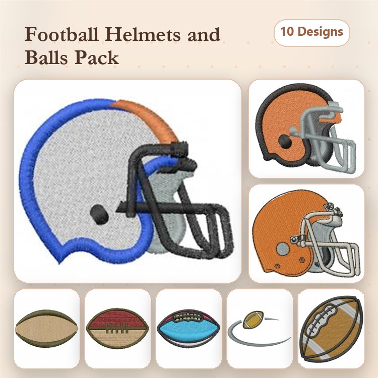 Football Helmets & Balls Embroidery Designs Bundle – Blue & Orange Helmet, American Football, Rugby Ball & More (10 Designs)