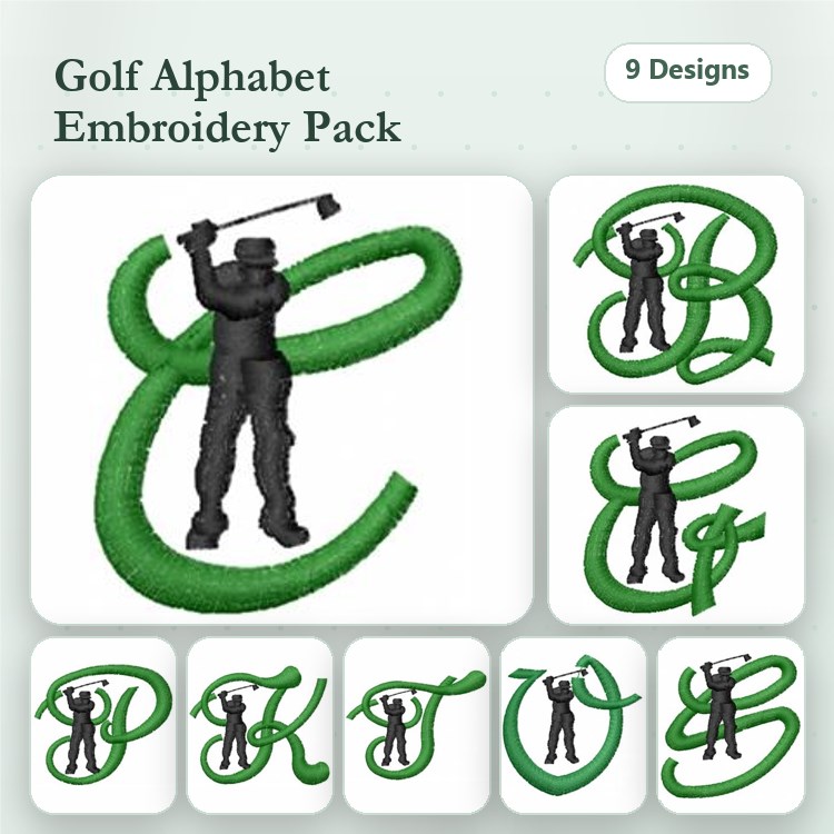 Golfing Alphabet Embroidery Designs Bundle – Golfing Letter E, B, P & More (9 Designs)