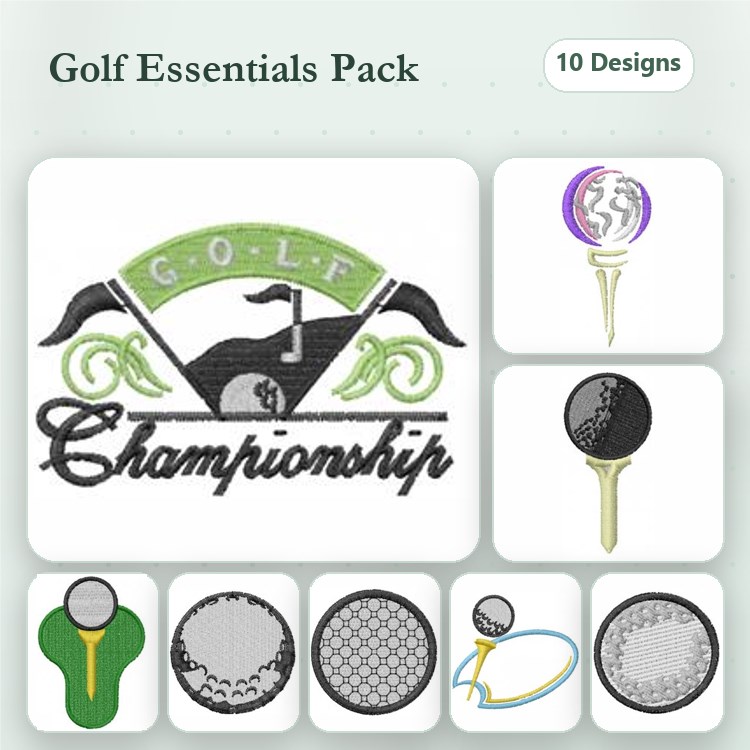 Golf Themed Embroidery Bundle – Golf Championship Emblem, Golf Tee, Golf Ball & More (10 Designs)