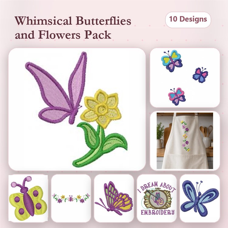 Butterfly & Flower Embroidery Designs Bundle – Purple Butterfly, Yellow Flower, Colorful Butterfly & More (10 Designs)