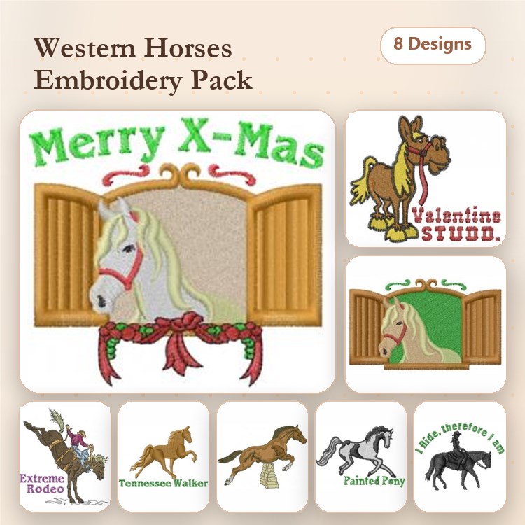 Western Horses Embroidery Bundle – Merry X-Mas Horse, Valentine Stud Horse, Black Stallion & More (8 Designs)
