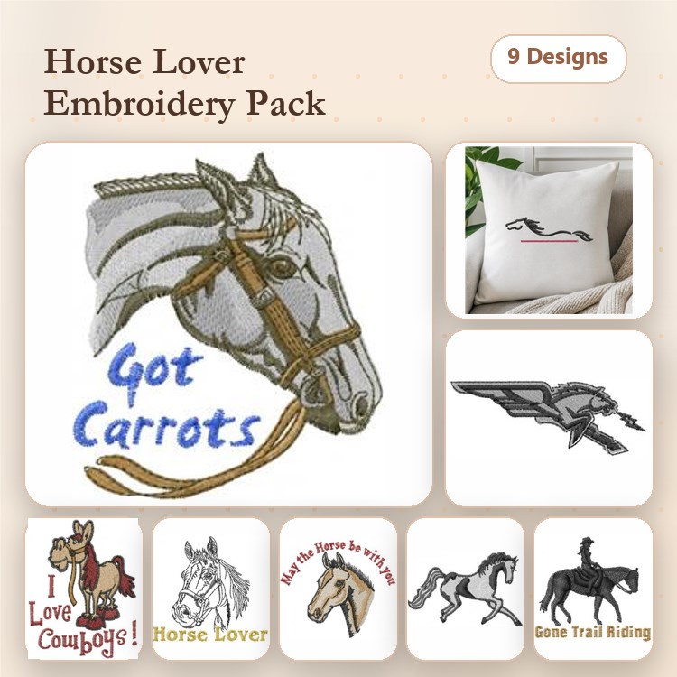 Horse Themed Embroidery Designs Bundle – Got Carrots, Horse Lover, Jumping Horse & More (9 Designs)