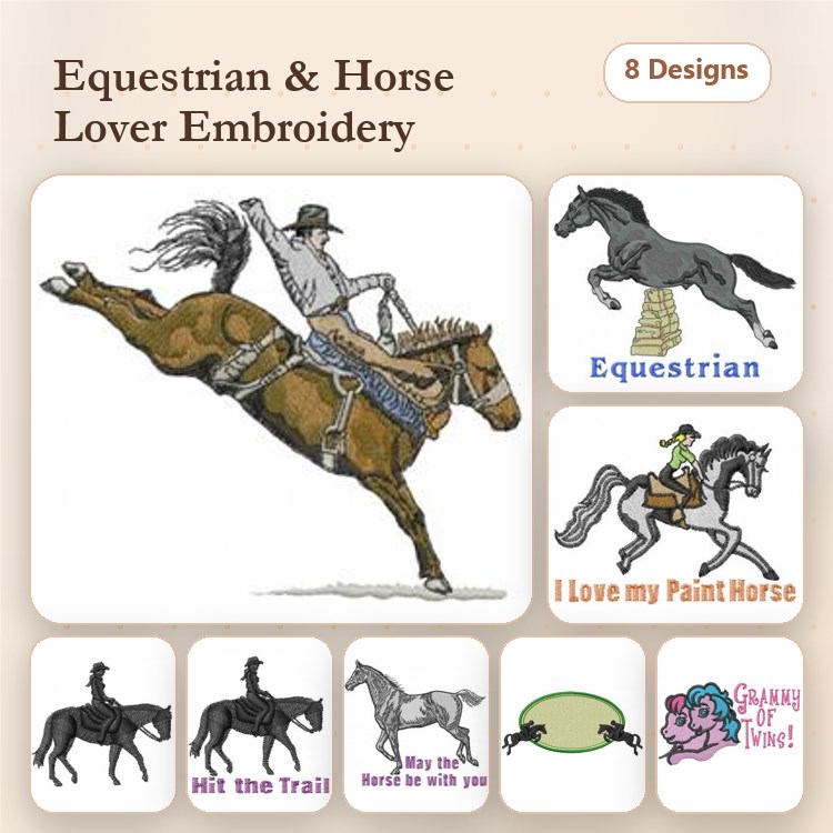 Equestrian Embroidery Designs Bundle – Horse Rider, I Love my Paint Horse, May the Horse be with You & More (8 Designs)