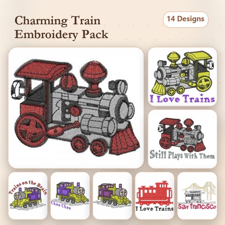 Train-Themed Embroidery Bundle – Charming Train, Steam Engine, Locomotive & More (14 Designs)