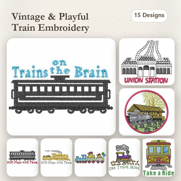 Train-themed Embroidery Designs Bundle – Vintage Train Car, Union Station, Playful Trains & More (15 Designs)