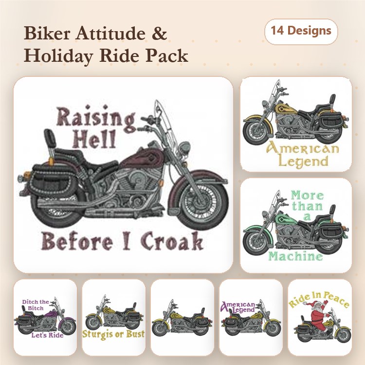 Biker Embroidery Designs Bundle – Raising Hell Before I Croak, American Legend, Let's Ride & More (14 Designs)